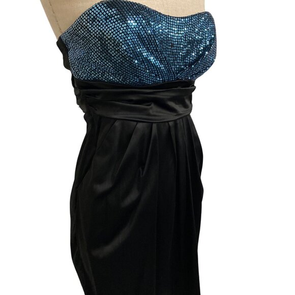 Ruby Rox Strapless Black Satin Mini Dress W/ Blue Sequins Bust & Bow Detail - Picture 2 of 8